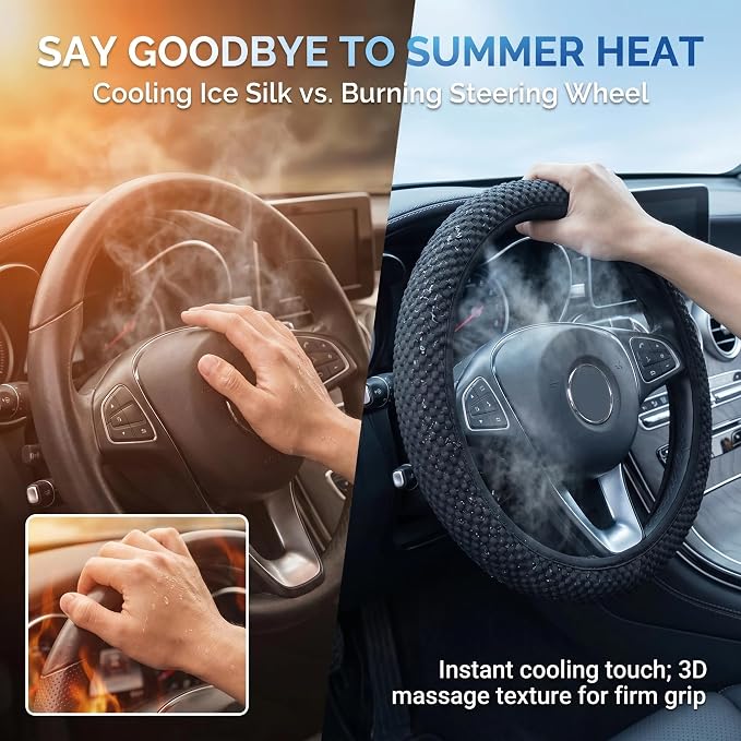 Car Steering Wheel Cover, Breathable Ice Silk Steering Wheel Cover, Elastic Stretch Anti-Slip Wheel Protector, Auto Interior Protection for 14.5" & 15", Fit for SUV Sedan Truck (Black)