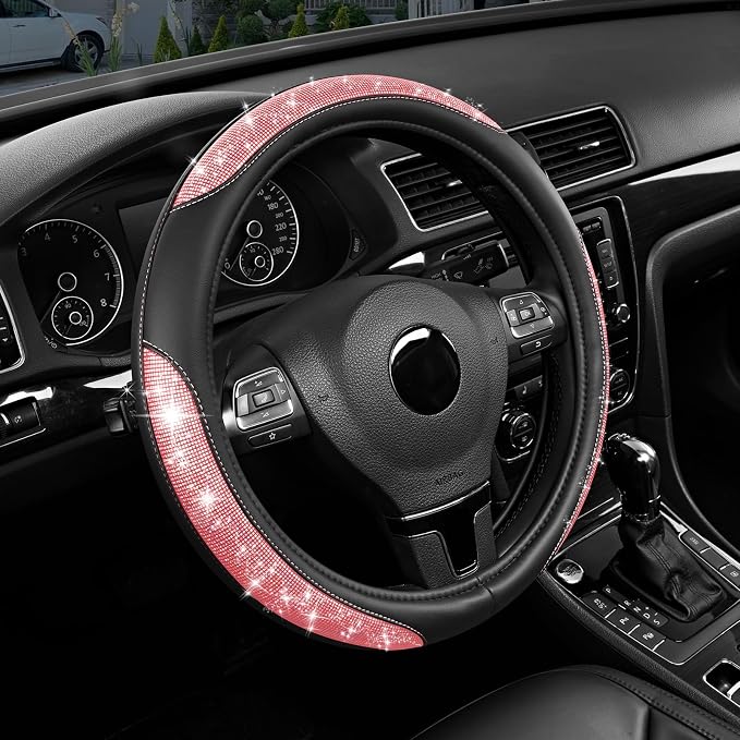 Road Comforts Pixel Glitter Steering Wheel Cover, 14.5–15 Inch Leather Steering Wheels Snug Fit, Anti-Slip Leather Grip, Elegant Sparkle Design, Universal Fit - Pink