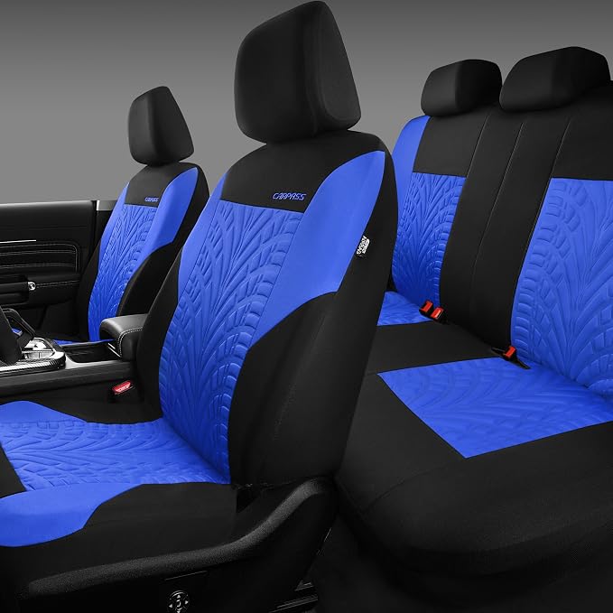 CAR PASS Car Seat Covers Full Sets, Front & Split Rear Bench for Car, 3D Tyre Embossed Automotive Interior Covers, Airbag Compatible, Quick Setup Universal Fit Seat Covers for Car, SUV(Black Blue)