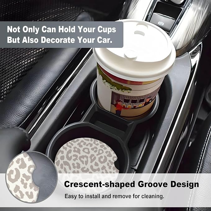2 Pack Car Coasters for Cup Holders, 2.56" Universal Absorbent Ceramic Stone Car Cup Holder Coasters with Non-Slip Cork Base,Car Interior Accessories for Women Men(Beige Leopard Cheetah Print)
