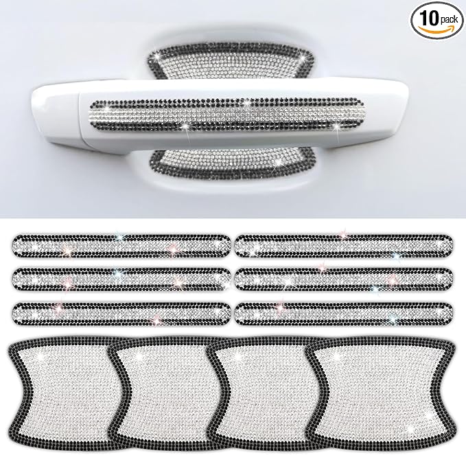 10 PCS Bling Car Door Handle Protector, Shiny Crystal Rhinestone Anti-Scratch Universal Cars Door Handle Protective Cover, Glitter Auto Accessories for Women (Black and White)