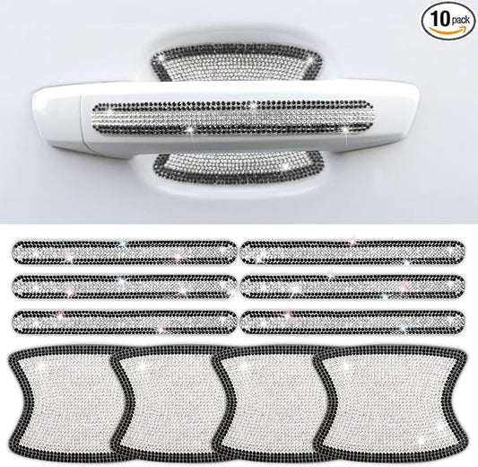 10 PCS Bling Car Door Handle Protector, Shiny Crystal Rhinestone Anti-Scratch Universal Cars Door Handle Protective Cover, Glitter Auto Accessories for Women (Black and White)