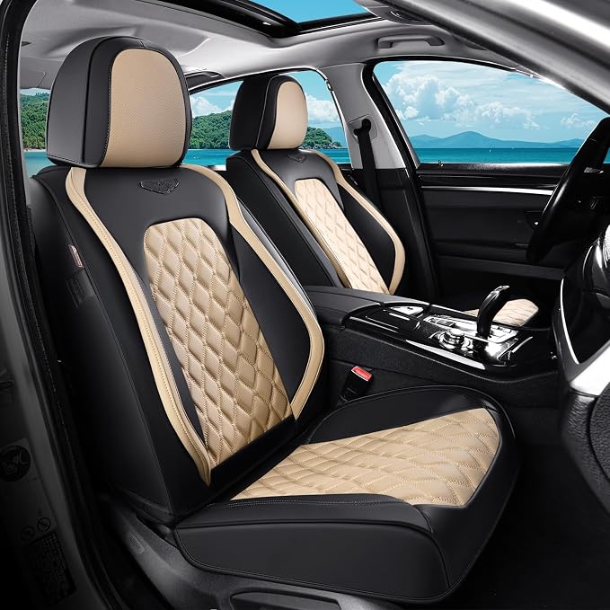 Coverado Car Seat Covers Front Seats, Durable Waterproof Faux Leather Full Set with Rear Protectors, Classic Easy-Clean Interior for Most Vehicles – BlackBeige