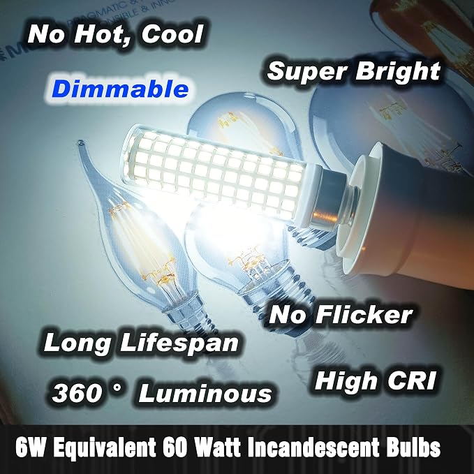 E12 LED Candelabra Bulb 6W 6000K White AC120V Dimmable T6 C7 Candle, 4 Pack | 360° Beam Angle, 600lm, Equivalent 60 Watt, No-Flicker Replace Ceiling Fan Pendant Chandelier Lighting Living Rooms