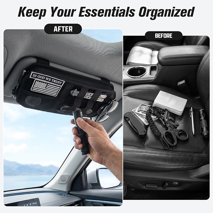 1000D Polyester Car Sun Visor Organizer with Sunglasses Holder | Tactical Organizer, MOLLE Panel, Universal, Mesh Pouch + Pen Slots + Zipper Pockets, Heavy Duty, Esay Installation