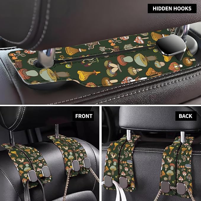 Car Seat Back Storage Headrest Hook, Premium Leather Double Metal Hook, Hanger Storage Organizer for Purse Cloth Bag, Car Interior Accessories Brown Mushrooms