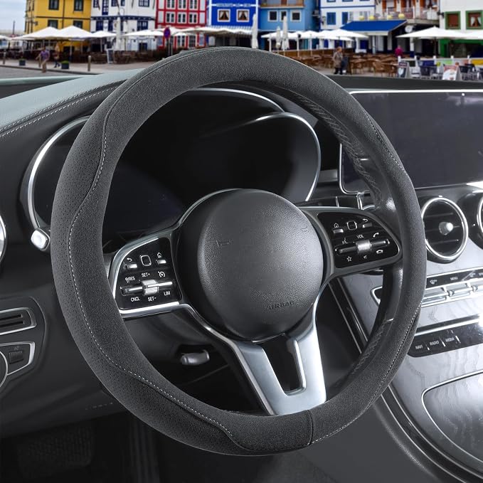 Gray Suede Steering Wheel Cover Large 15.5 inch to 16 inch | Warm in Winter and Cool in Summer, Breathable Non-Slip Sweat-Proof Wear-Resistant for Model X Model S Ford F150 F250 F350
