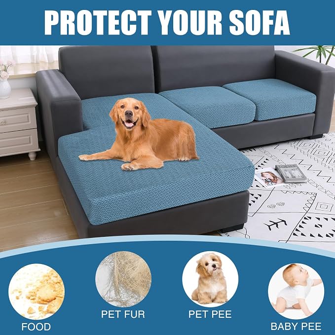 Smiry Waterproof Couch Cushion Covers, Stretch Jacquard Sectional Couch Covers, L Shape Chaise Lounge Sofa Slipcover, Washable Elastic Furniture Protector for Pets, Kid (Chaise Cover, Blue)
