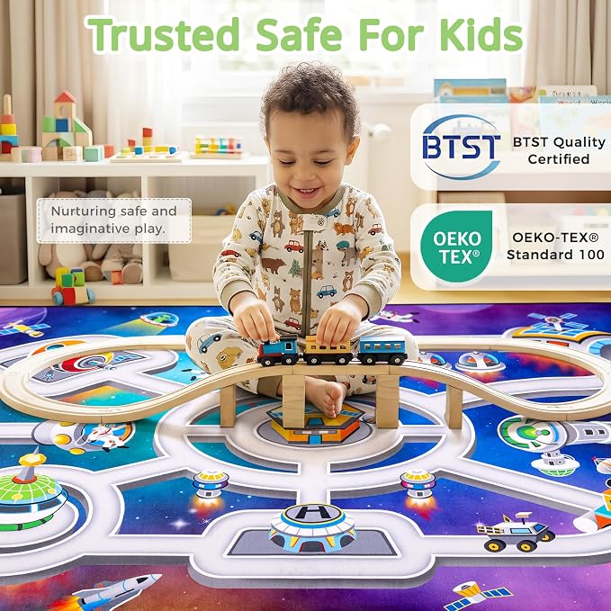 Kids Space Rug 3 x 5 Ft | Outer Space Road Play Mat with Planets & Rockets, Non-Slip Educational Carpet for Playroom