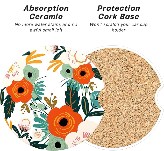 Aiawoxc Car Cup Holder Coasters, 2 Pack Universal Auto Anti Slip Insert Coaster with A Finger Notch, Cup Mat for Most Car Interior, White Flower