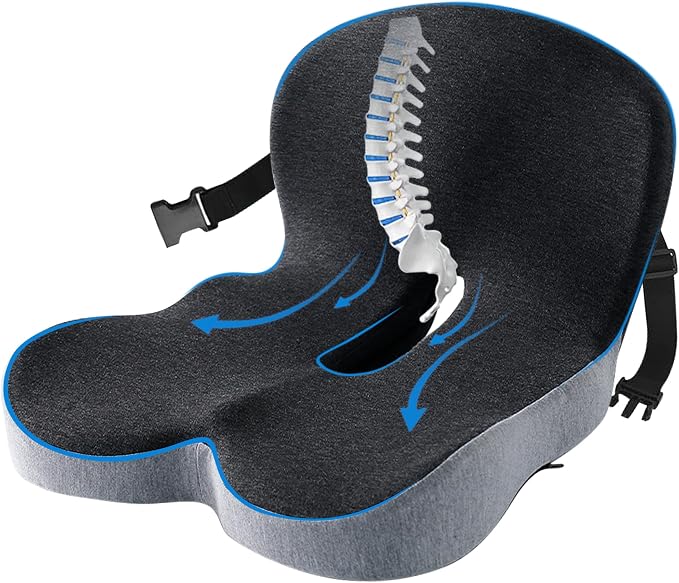 Back and Seat Cushion for Office Chair | Wide ergonomic memory foam, coccyx cutout & adjustable straps, tailbone & back relief, non-slip for car, home & gaming
