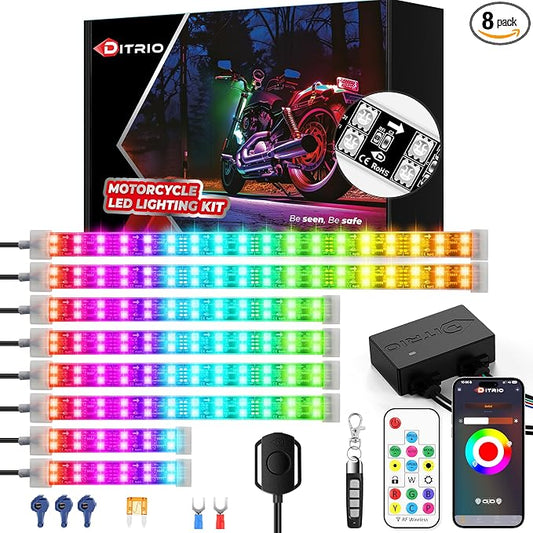 8PCS Double Row Motorcycle Led Lights with Brake Turn Signal,Underglow Light Kits with DITRIO APP/RF Remote Control, Dual Zone,Waterproof,12V Pixelglow RGB Lights for Motorcycles, Golf Carts, UTVs