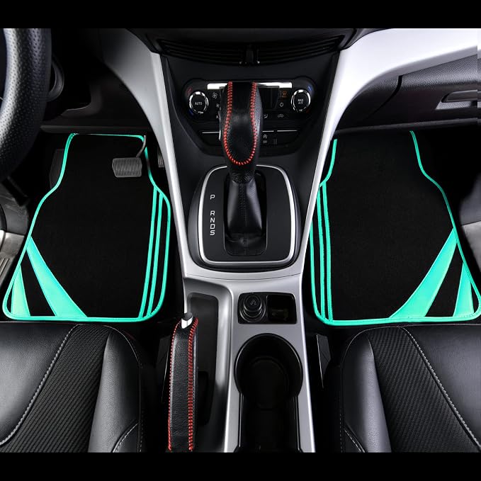 CAR PASS Mint Green Edge Leather Car Floor Mats, Universal Car Mats with Double Stitch Line and Anti-Slip Backing Design, for Cute Girly Women, Fit 95% Automotive,SUVs,Sedan,Vans (Black and Mint)