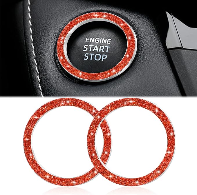 WINKA 2pcs Bling Car Engine Start Button Cover Diamond Crystal Push Start Stop Button Ring Sparkly Bling Ignition Button Cover Rhinestone Keyless Ignition Ring Universal Car Accessories (Navy Orange)