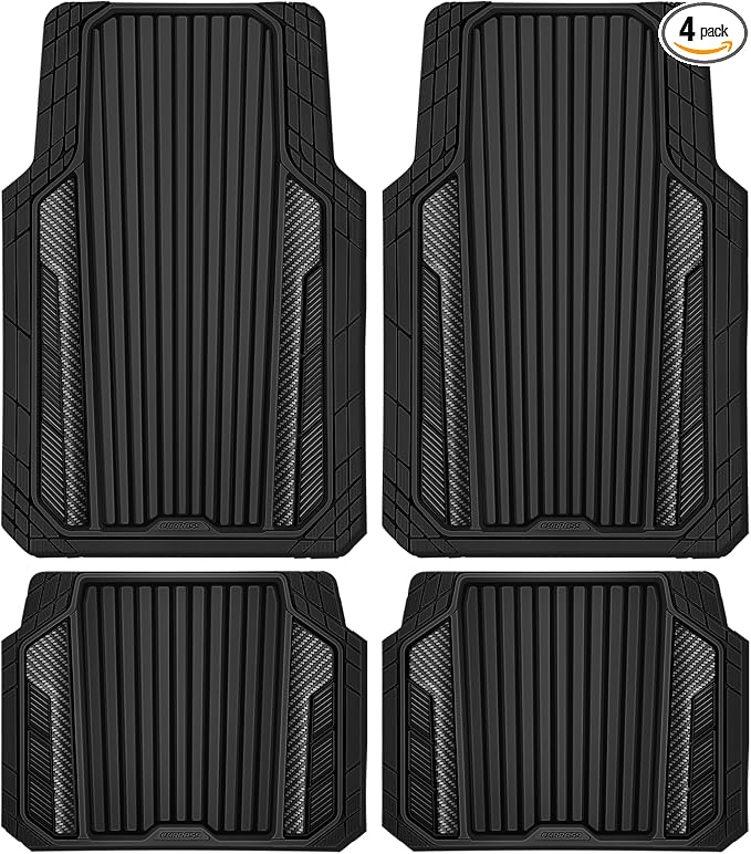 CAR PASS Heavy Duty Rubber Car Mats Metallic,Aluminum Film All Weather Floor Mats Waterproof Universal Trim to Fit SUVs Sedans Vans 4 Piece Anodized Deep Dish Two-Tone Sporty Carbon Fiber Black Chrome