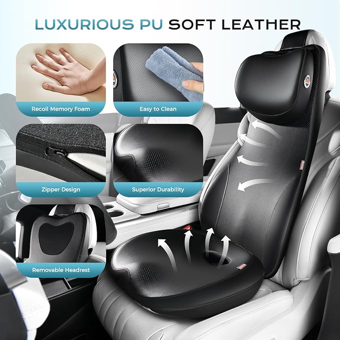 Coverado Car Seat Cushion and One Piece Lumbar Support Headrest Pillow, Adjustable Velcro Design Car Neck Pillow, Ergonomic Memory Foam Car Back Support Driving Seat Cushion for Back Pain Relief,Black