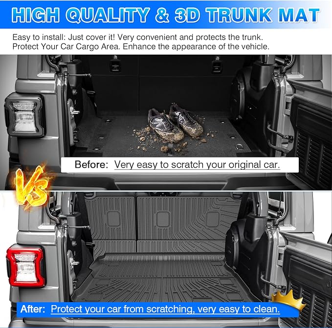 CARTIST Trunk Mat for Jeep Wrangler JL 2018-2026 Unlimited 4-Door, with Subwoofer (Not fit JK/4XE/2-Door), All Weather Cargo Liner with Backrest Mat for Wrangler JL Accessories, Rubber Car Mats