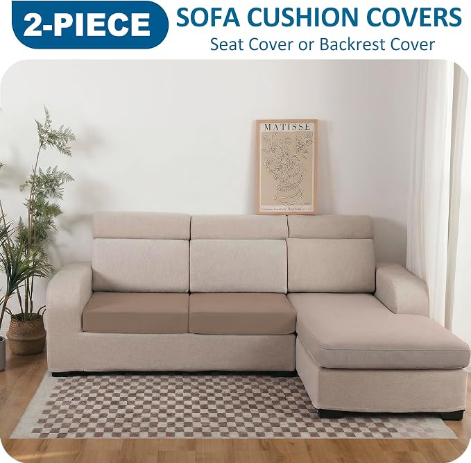 100% Waterproof Couch Cushion Covers, Replacement Sofa Cushion Covers, Stretch Individual Sofa Seat Cushion Slipcovers Furniture Protector for Kids Pets (2-Piece Loveseat Cushion Cover, Camel)