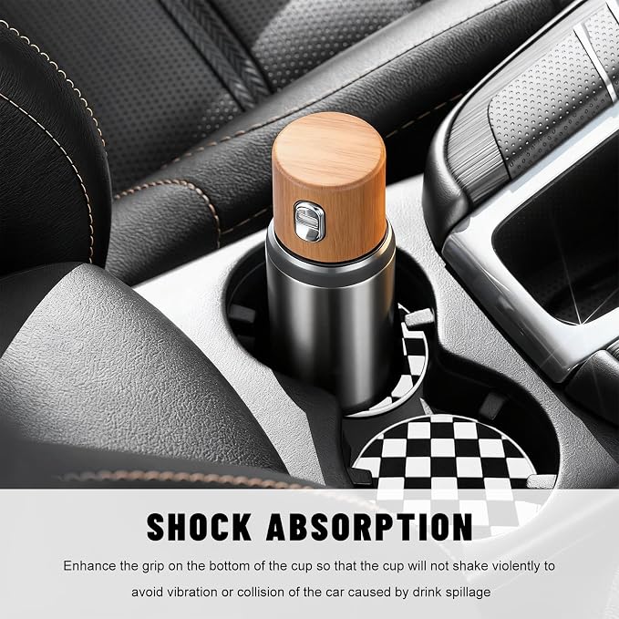 2 PCS Car Cup Coasters, 2.76 Inch Shockproof Auto Cup Holder Insert Coaster Checkered Drink Mat, Anti-Slip Waterproof Water Bottle Pad Stylish Grid Decoration for Most Vehicles (Checkerboard)