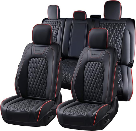 Coverado Leather Seat Covers Full Set for Ford F150F250F350F450(2015-2026)Waterproof Automotive Cushion Covers for Pick-Up Trucks Custom Fit for F150 SuperCrew&F250–F450 Super Duty Crew Cab(Red Line)