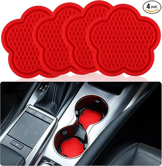 GaRhomxy Car Cup Holder Coaster, Universal Non-Slip Recessed Flower Shaped Cup Holders, Cute Car Accessories Interior for Women and Man Interior Sets 4 Pack (Red)