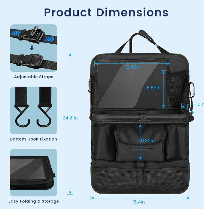 MoKo Car Organizer Back Seat, Backseat Car Organizer with Foldable Table Tray, 8 Pockets, Back Seat Organizer with Transparent Tablet Pocket for Road Trip, 600D Oxford Cloth, 1 Pack, Black