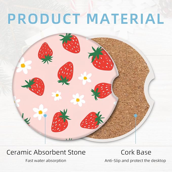 2 Pack Car Coasters for Cup Holders, 2.56" Universal Absorbent Ceramic Stone Car Cup Holder Coasters with Non-Slip Cork Base, Car Interior Accessories for Women Men(Cute Strawberry)