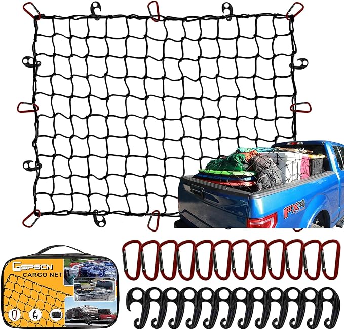 GSPSCN Truck Cargo Net 7' x 5' for Pickup Bed, Trailer,Boat,RV SUV Stretched to 15'x21' Max Heavy Duty Roof Rack Net,5”x5” Mesh Netting w/24 Clip Carabiners Car Organizer Net for Large Loads