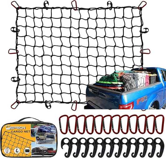 GSPSCN Truck Cargo Net 7' x 5' for Pickup Bed, Trailer,Boat,RV SUV Stretched to 15'x21' Max Heavy Duty Roof Rack Net,5”x5” Mesh Netting w/24 Clip Carabiners Car Organizer Net for Large Loads