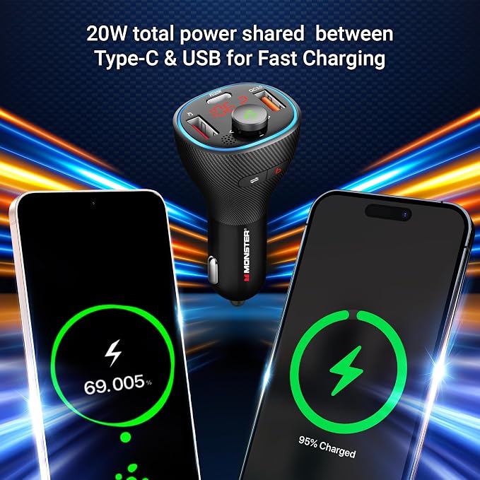 Monster Bluetooth FM Transmitter for Car Cigarette Lighter with 20W QC3.0 USB A & USB C PD Charger, Bass Boost Button, Flash Drive Port, Google Voice & Siri Compatible, Hands-Free Calls, Microphone