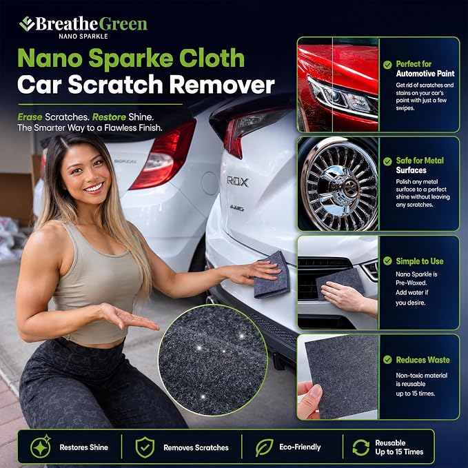 Breathe Green Nano Sparkle Cloth Car Scratch Remover, Advanced Nanotech | Reusable Nanosparkle Cloth for Car Scratches, Repair and Buffer, Nanotechnology Safe for All Cars, Colors & Clear Coats