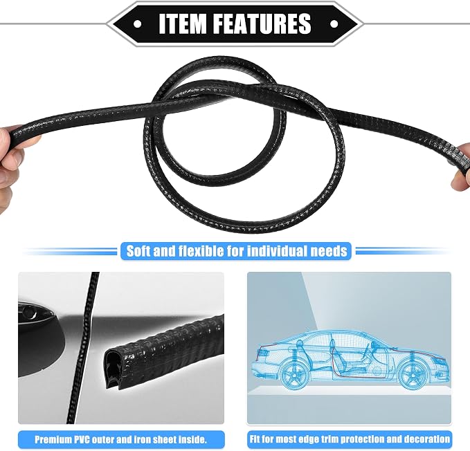 Car Door Edge Guard, 16.4ft U Shape Rubber Edge Trim Seal Strip Protector Universal for Car Truck ATV Boat Multifunctional No Glue PVC Iron Black