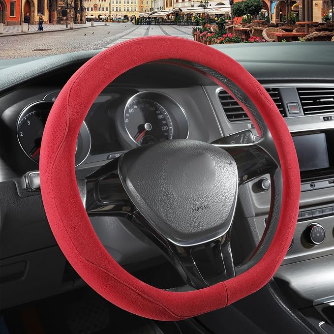 Red Suede D Shaped Steering Wheel Cover 14.5 inch to 15 inch | Warm in Winter and Cool in Summer, Universal Felt Car Accessories, Breathable Non-Slip Sweat-Proof Wear-Resistant