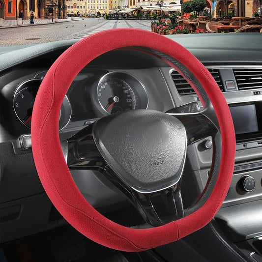 Red Suede D Shaped Steering Wheel Cover 14.5 inch to 15 inch | Warm in Winter and Cool in Summer, Universal Felt Car Accessories, Breathable Non-Slip Sweat-Proof Wear-Resistant