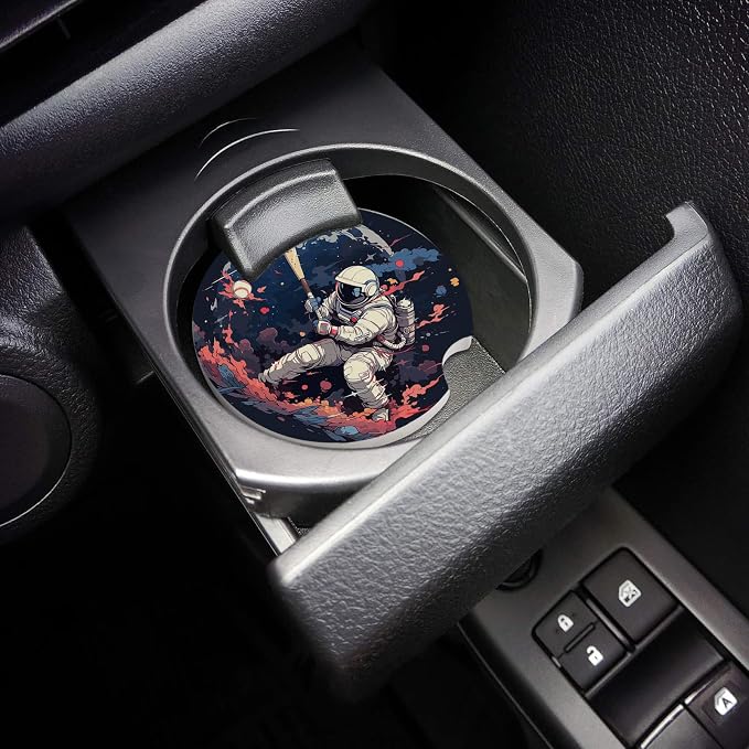 Car Coasters for Cup Holders 2.6" Dia Absorbent Coasters Set of 4 Car Interior Accessories for Women Men Ceramic Car Coaster for Drinks with Finger Grooves,Watercolor Astronaut Baseball Theme Black