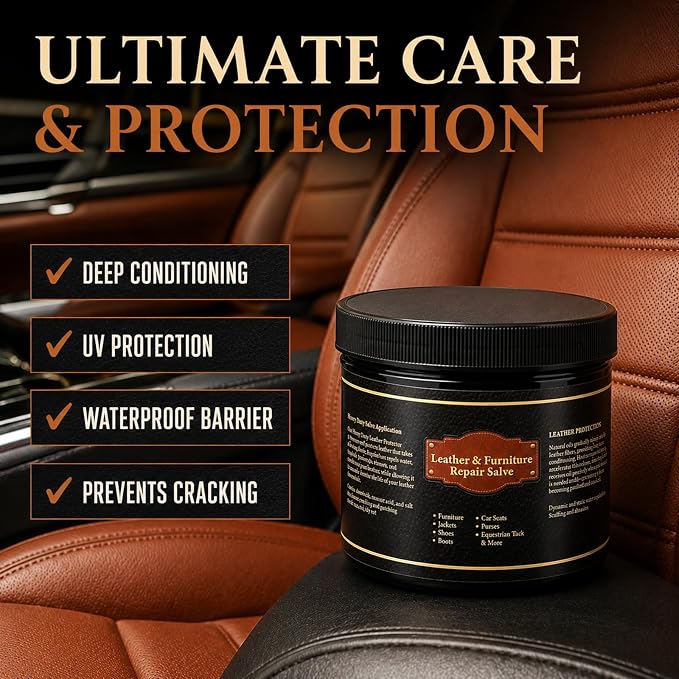 Leather Conditioner and Cleaner Balm for Furniture, Couch, Car Seats, Boots and Bags - Professional Leather Restorer with Natural Beeswax - Deeply Nourishes, Protects and Restores Shine (8oz)