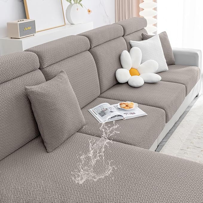 Smiry Waterproof Couch Cushion Covers, Stretch Jacquard Sectional Couch Covers, L Shape Chaise Lounge Sofa Slipcover, Washable Elastic Furniture Protector for Pets, Kid (XL-Chaise Cover, Taupe)
