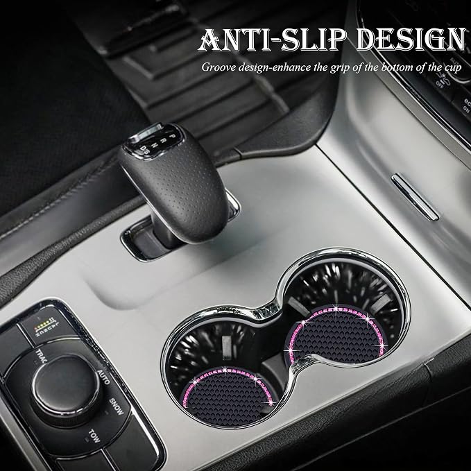 4PCS Bling Cup Holder Coaster, 2.75 Inch Auto Car Cup Holder Insert Coasters, Soft Silicone Anti-Slip Shockproof, Universal Vehicle Interior Accessories for Women Girls (Black & Pink)