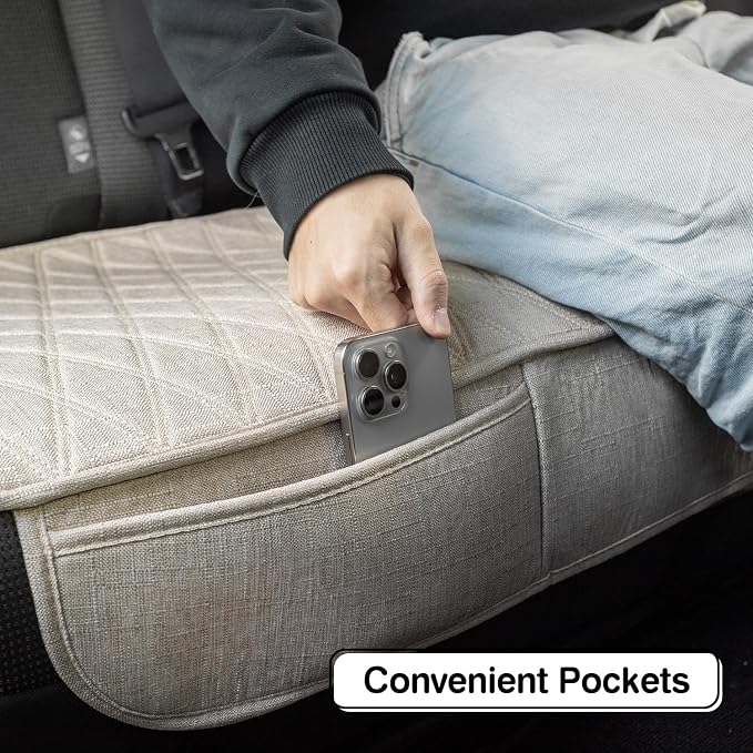Leader Accessories Faux Linen Rear Bench Seat Cover, Size M, Beige | Breathable Back Seat Protector With Non-Slip Bottom, Diamond Stitched Bench Seat Cushion for Vehicles Cars Van SUV Truck
