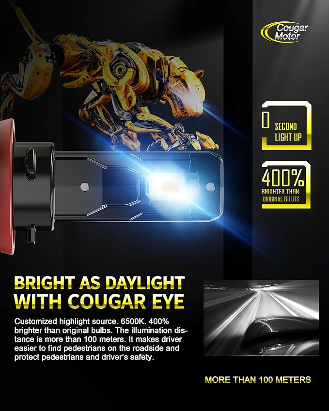 Cougar Motor H11 Bulbs, H11 Light Bulb H9 H8 Fog Lights Wireless 6500K White Slim Non-Polarity Instant Plug-in Driving Light Bulbs, Pack of 2