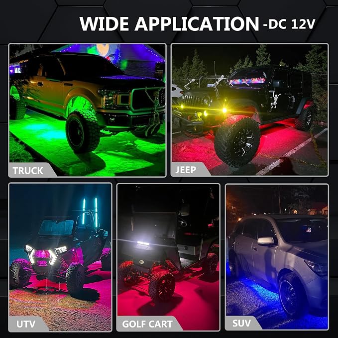 24 Pods RGB LED Rock Lights for Semi Trucks Offroad Pickup Trailer Sedan Boat, 12V Waterproof Dual Zone APP/RF Control Music Mode Brake Light Red Green Blue Underglow Neon Kit with Extension Wires