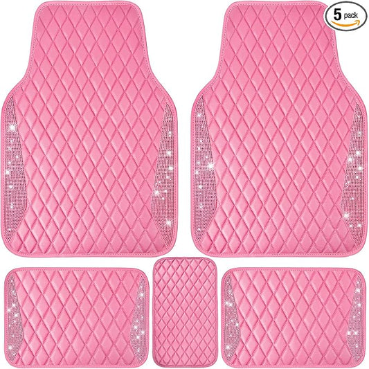 CAR PASS Bling Leather Car Mats Shining Diamond Floor Mats Crystal Rhinestones Sparkly Glitter Carpet Anti-Slip Waterproof Pad Universal Fit for Automotive SUV, Sedan, Van, 5pcs for Girl Women Pink