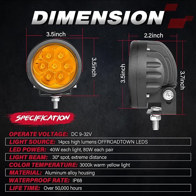 OFFROADTOWN 3.5Inch 80W Amber Round LED Lights 2PCS Offroad Driving Fog Pods Light Round LED Work Lights for Truck Pickup SUV ATV UTV Boat 4x4 Car Motorcycle