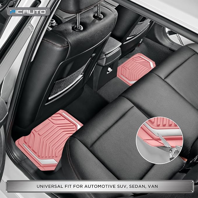 PIC AUTO Heavy Duty Pink Rubber Floor Mats, Silver Aluminum Film Car Mats Set, Front and Rear Car Mats with Anti-Slip Backing, All Weather Protection, Trim-to-Fit for Automotive SUV, Sedan, Van