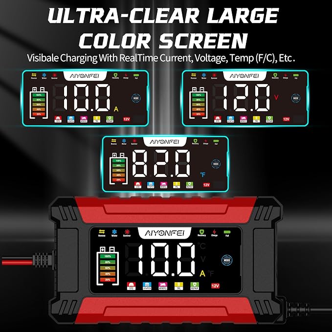 12V 10-Amp Battery Charger, 9 Stage Smart Trickle Charger Maintainer Red | Battery Desulfator, Memory Function, LED Screen, Temperature Compensation, for Car Truck Motorcycle Boat LiFePO4 Lead Acid