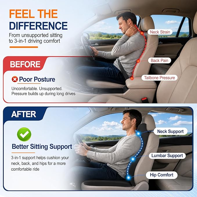 Allaboutsla 2 Piece Car Seat Cushion, Back Support with Car Headrest Pillow | 3-in-1 Memory Foam Car Seat Cushions, Car Lumbar Support with Car Neck Pillow, Seat Support for Long Driving, Trucks, Black