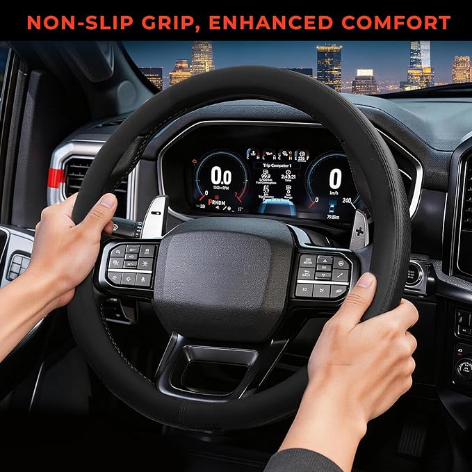Steering Wheel Cover for Ford F150 F250 F350 1997-2026, Fit 15.5-16" Wheels (Black)