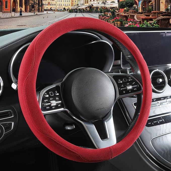 Red Suede Steering Wheel Cover Universal 14.5 inch to 15 inch | Warm in Winter and Cool in Summer, Felt Car Accessories, Breathable Non-Slip Sweat-Proof Wear-Resistant
