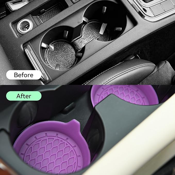 4PCS Car Cup Holder Coasters, Silicone Non-Slip Vehicle Cup Recessed Mats, Sift-Proof Automotive Interior Drink Insert Decor Accessories, Universal for SUV, Sedan, Truck (Purple)