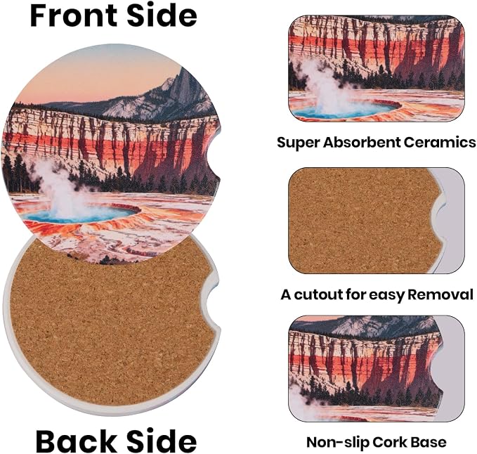 2 Pack Car Coasters for Cup Holders, Absorbent Ceramic Stone Cup Coaster with Non-slip Cork Base and Finger Notch, Yellowstone Volcano Landscape Auto Interior Accessories,Universal Fit 2.59 In